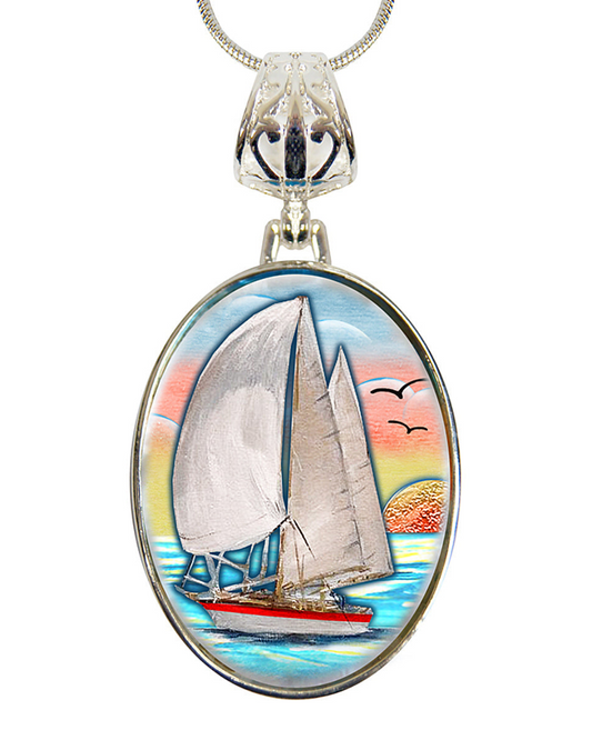Sailboat Silver Plated Mother of Pearl Jewelry Pendant Necklace Coastal - 44043