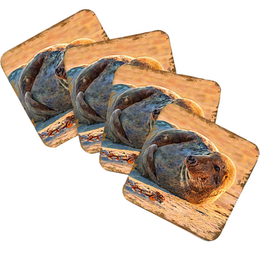 Seal Coastal Wooden Cork Coasters Gift Set of 4 by Nature Wonders - Coastal Sea-Life Decor - 95260C-S4