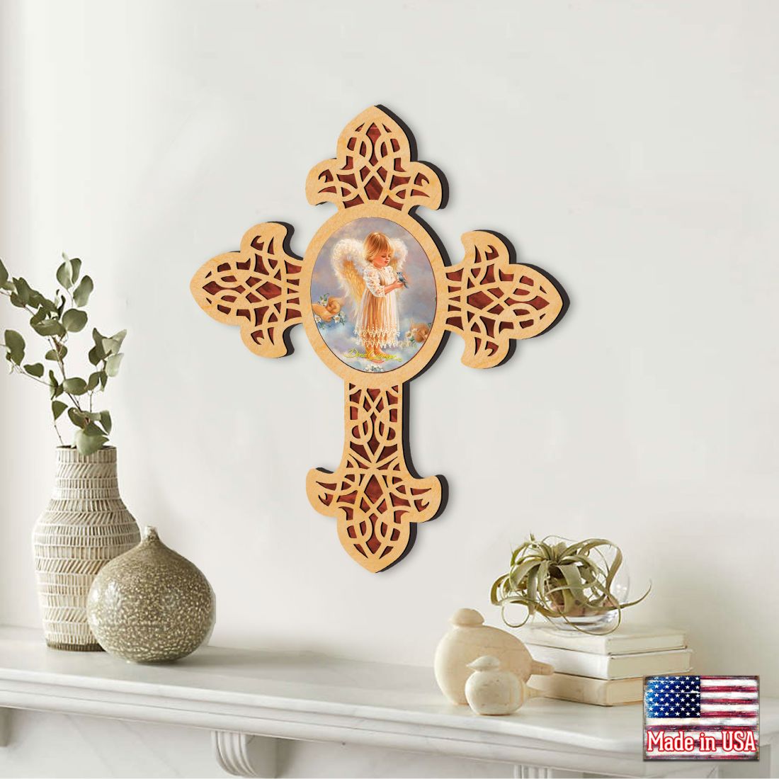 Girly Angel Pointy Wooden Cross by D. Gelsinger - Inspirational Icon Decor - 88388-DG