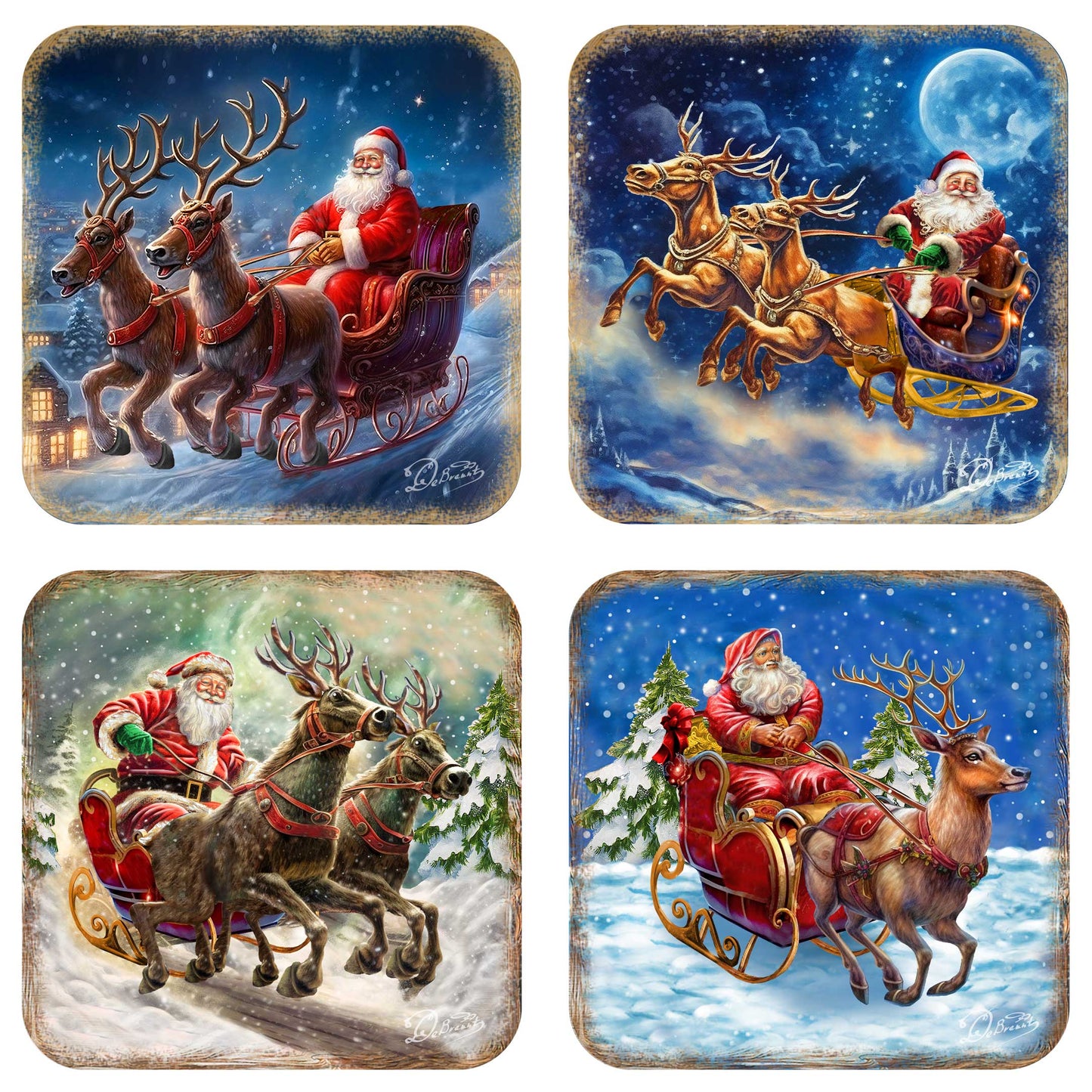 Santa's Sleigh Wooden Cork Coasters Gift Set of 4 by G. Debrekht - Santa Christmas Decor  - 8199445C-S4