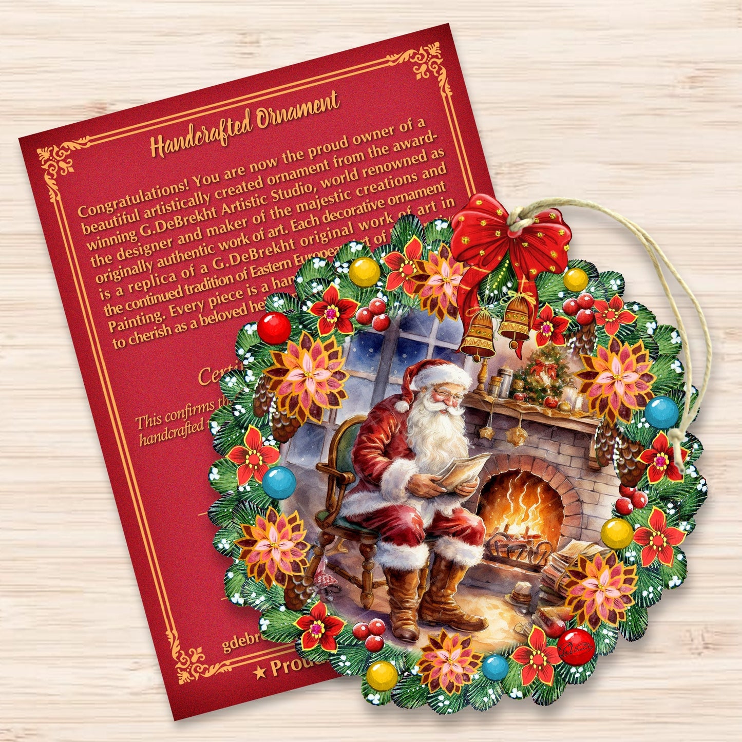 Santa at the Fireplace Wreath Wooden Ornaments by G. Debrekht Christmas Santa Snowman Decor - 8611089-2