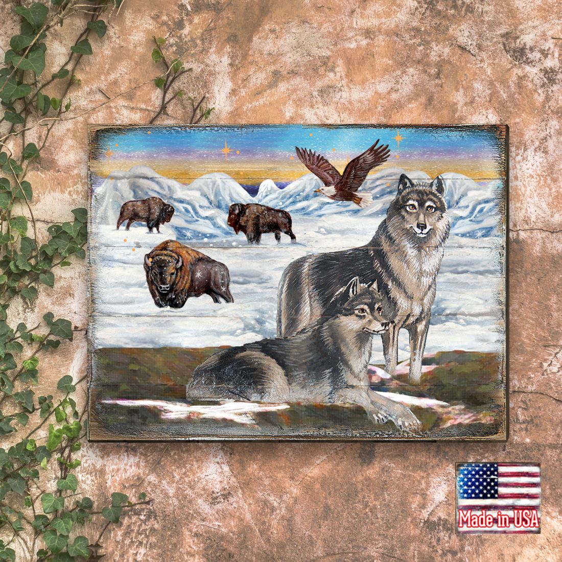 Winter Wolves Art Wooden Wall Art by Nature Wonders - Nature Wildlife Decor  - 95222B