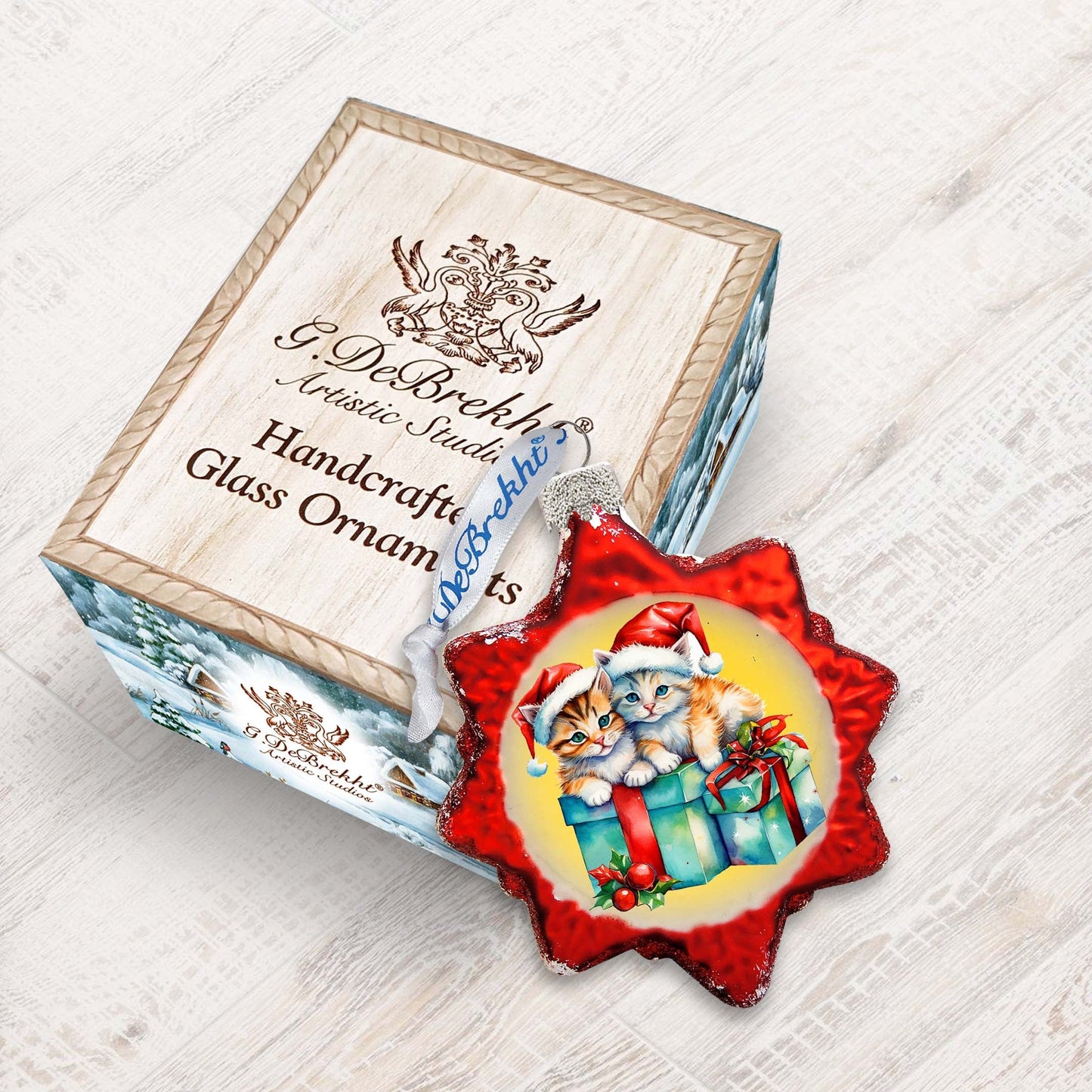 Holiday Ornaments - Kittens and Gifts Keepsake Glass Ornaments by G. Debrekht - Christmas Decor - 777402