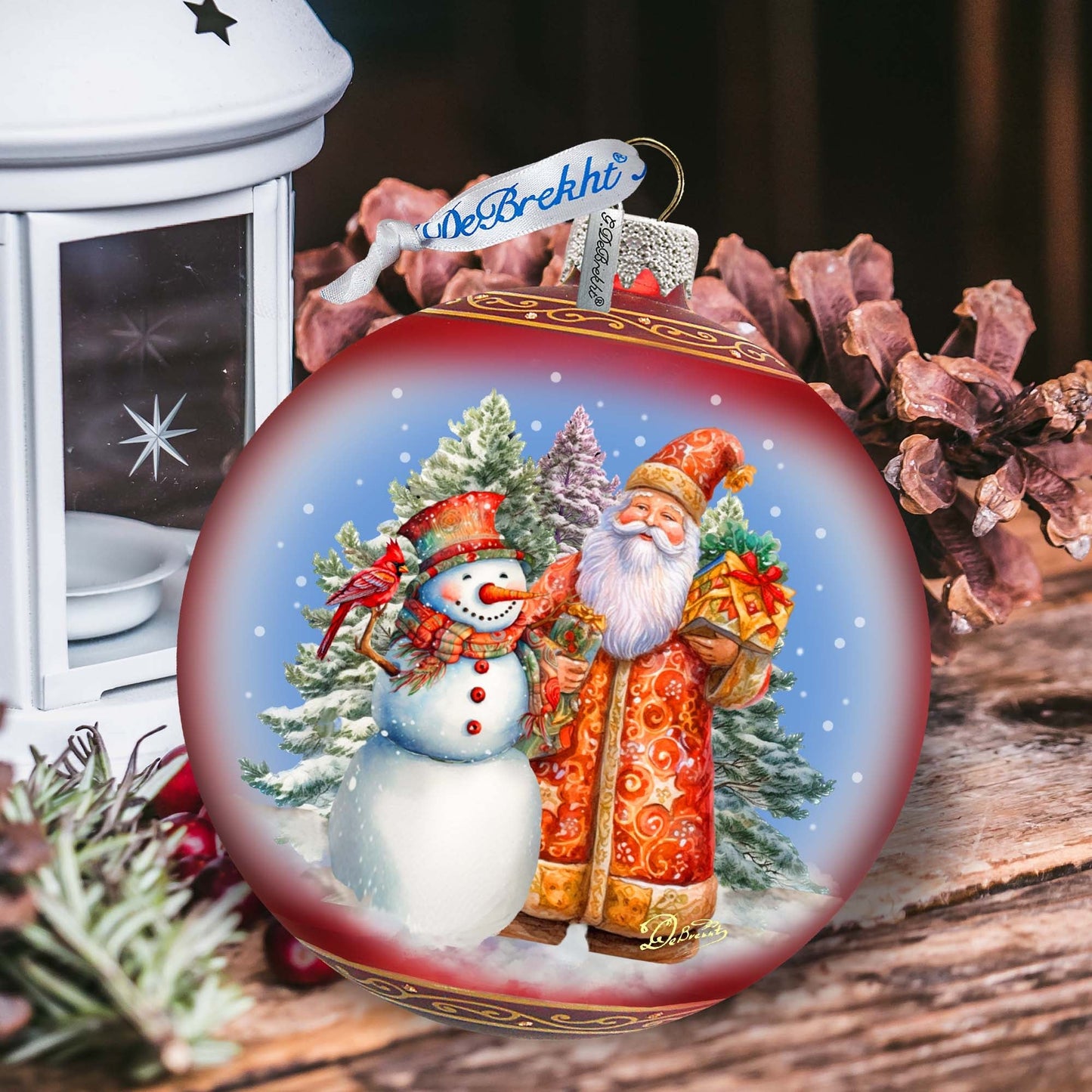 Santas Frosty Friend Lg Glass Ornament by G.Debrekht - Christmas Santa Snowman Decor - 73941