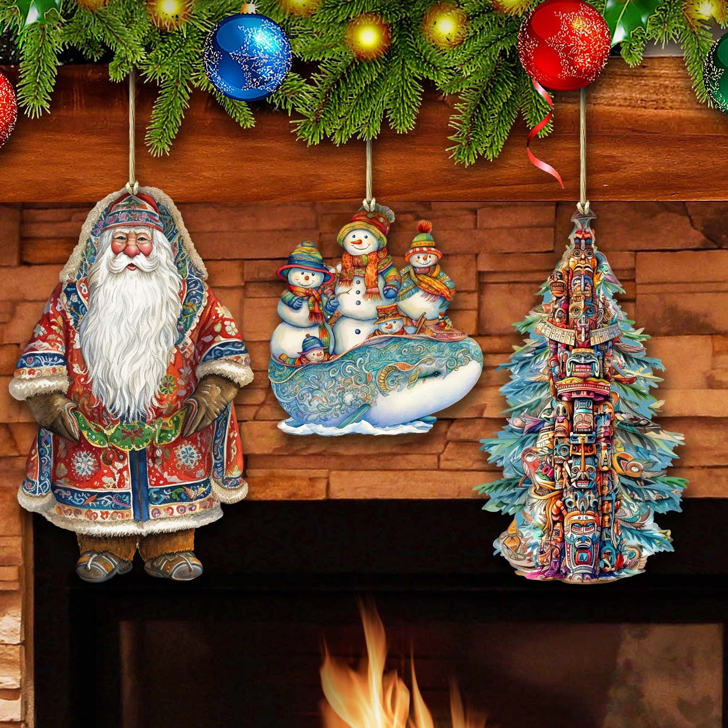 Santas Around the World - Alaskan Inspired Santa - Wooden Ornaments Set of 3 by G. DeBrekht Christmas Santa Snowman Decor - 8091314S3