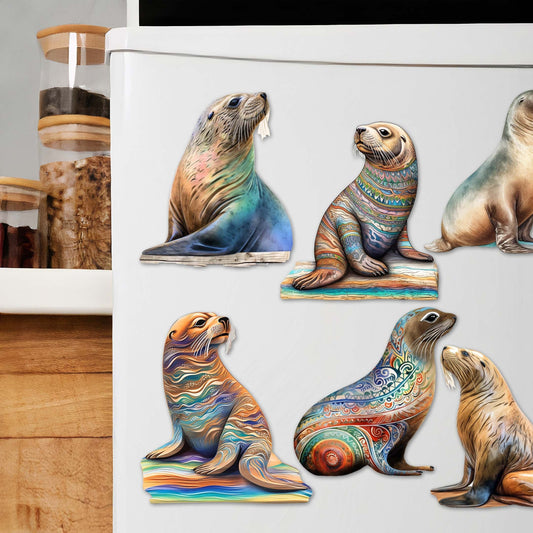 Coastal Sea Lions Decorative Wooden Magnets Set of 6 by G. Debrekht - Wildlife Decor - 8090112G-S6