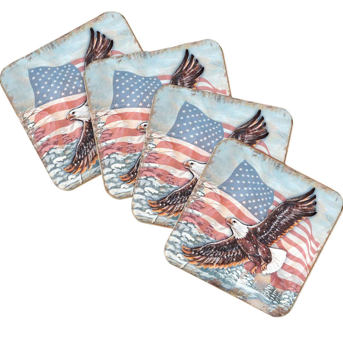 American Eagle Wooden Cork Coasters Gift Set of 4 by Nature Wonders - American Patriotic Decor - 95221C-S4