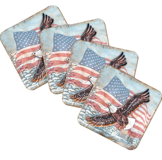 American Eagle Wooden Cork Coasters Gift Set of 4 by Nature Wonders - American Patriotic Decor - 95221C-S4