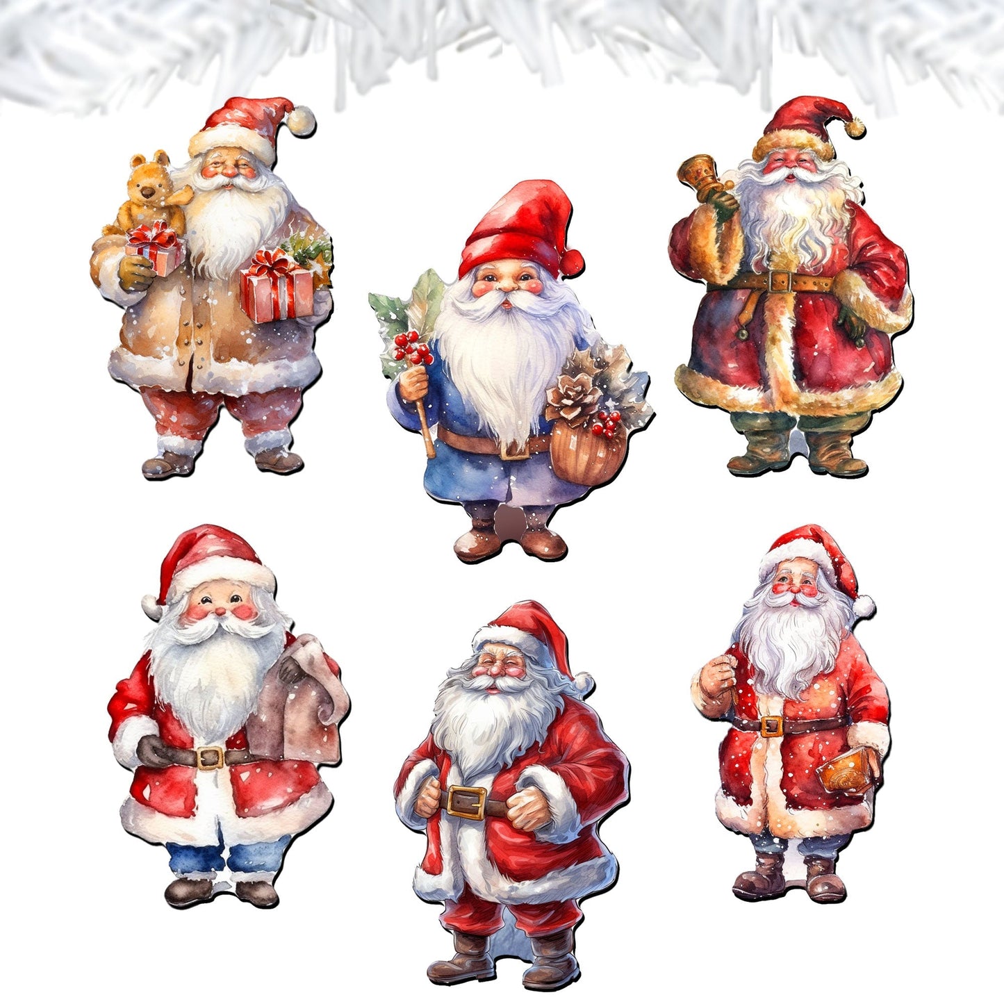 Santa Decorative Wooden Clip-on Ornaments of 6 by G. Debrekht - Christmas Decor - 8090009C-S6