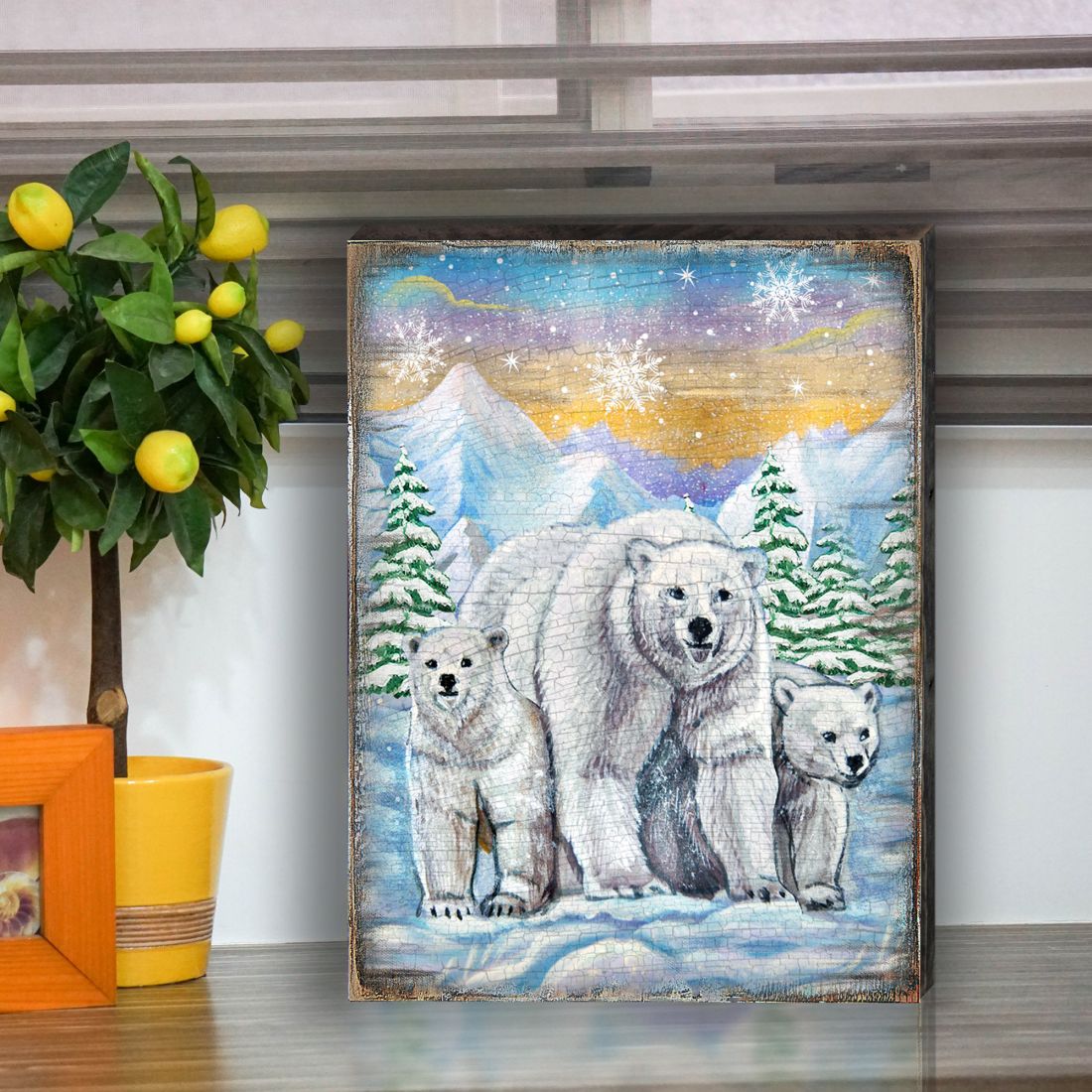 Polar Bears Art Wooden Wall Art by Nature Wonders - Nature Wildlife Decor  - 95215B