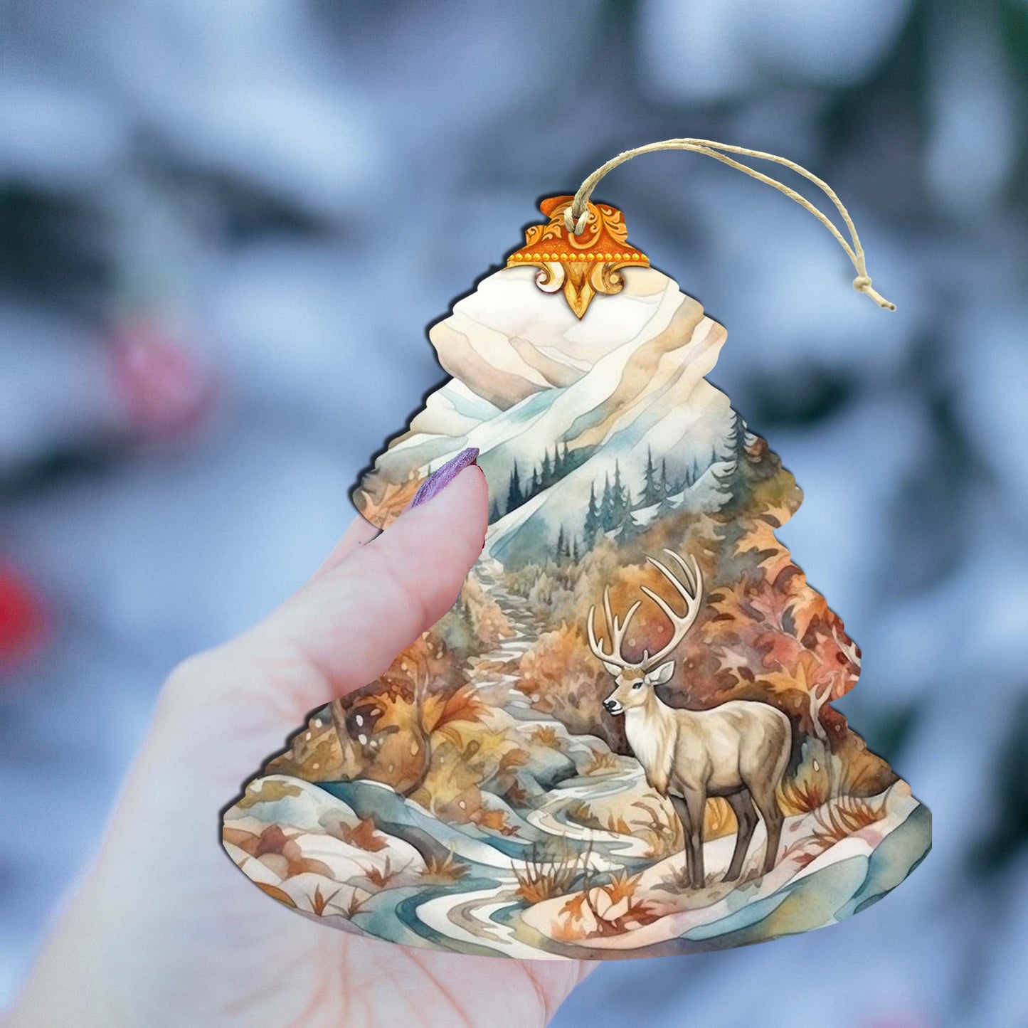 Snowy Summit Elk Tree Wooden Ornaments by G.Debrekht - Wildlife Holiday Decor - 870005