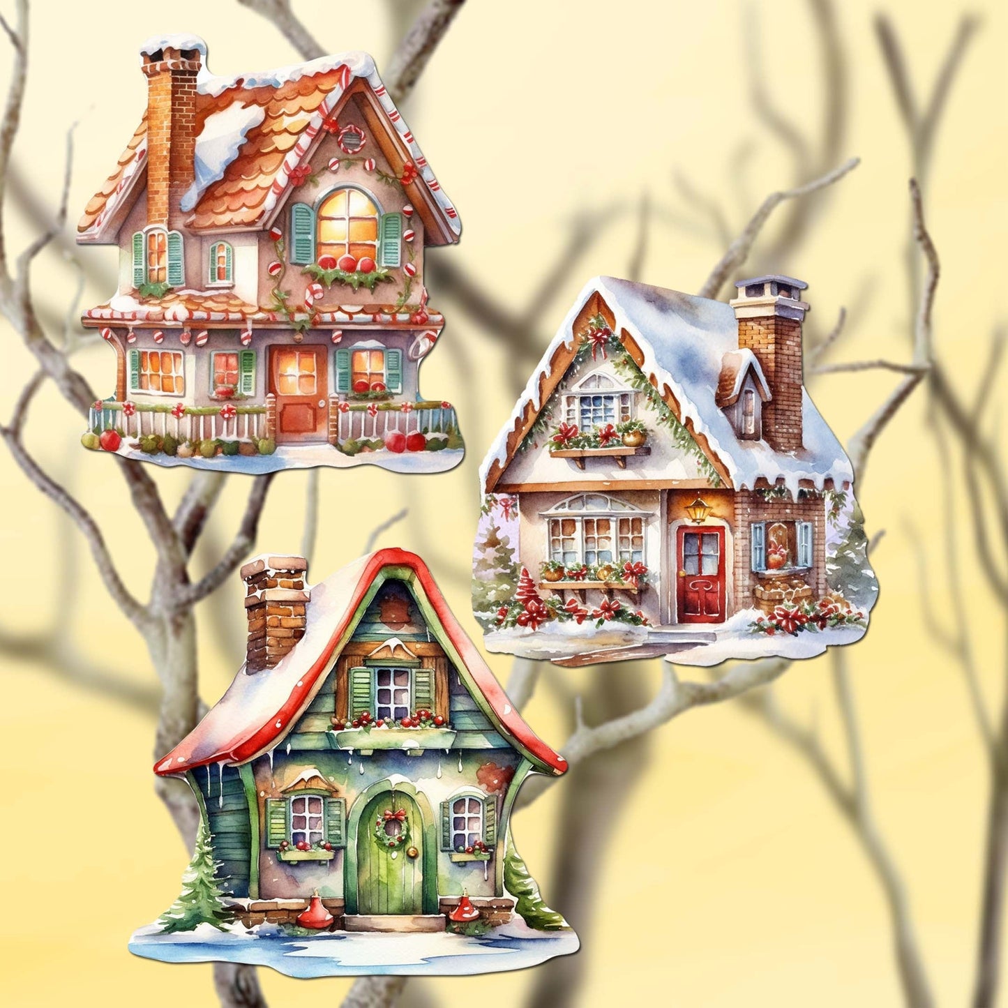 Dream Houses Decorative Wooden Clip-on Ornaments Set of 3 by G. Debrekht - Christmas Decor - 8091029C-S3
