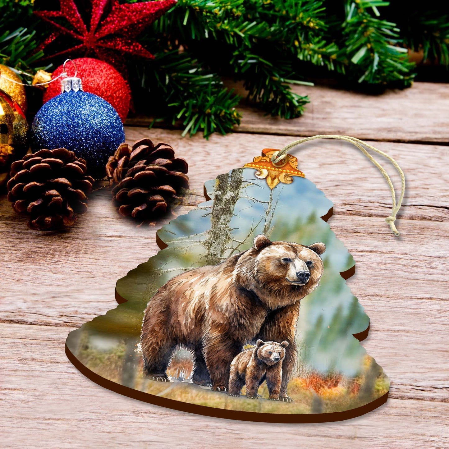 Grizzly Family Glade Tree Wooden Ornaments by G.Debrekht - Wildlife Holiday Decor - 870009