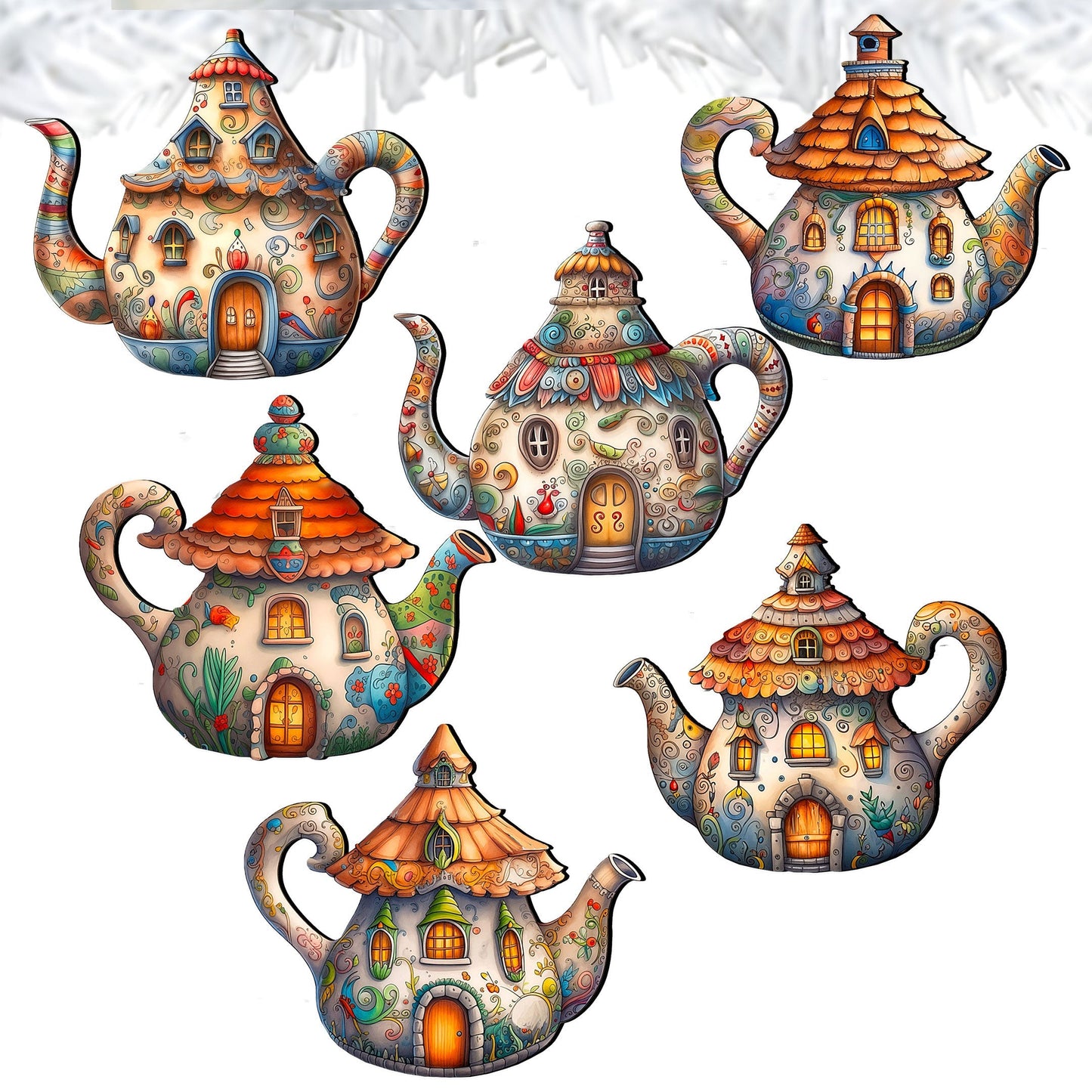 Teapots Decorative Wooden Clip-on Ornaments Set of 6 by G. Debrekht - Love Family Decor - 8090072C-S6