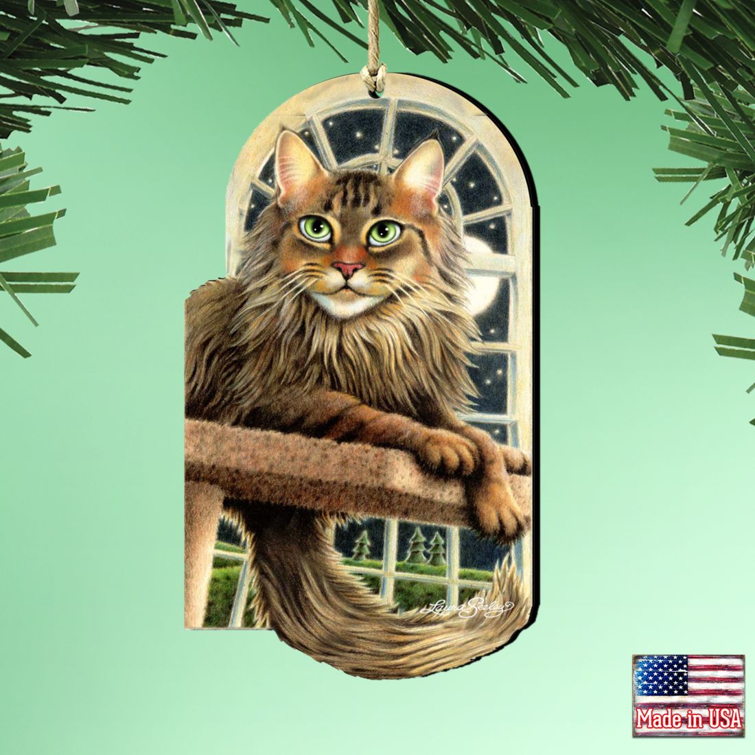 Stargazer Green Cat Wooden Ornaments by Laura Seeley - Pets Dog and Cats Decor - 8512070-LS