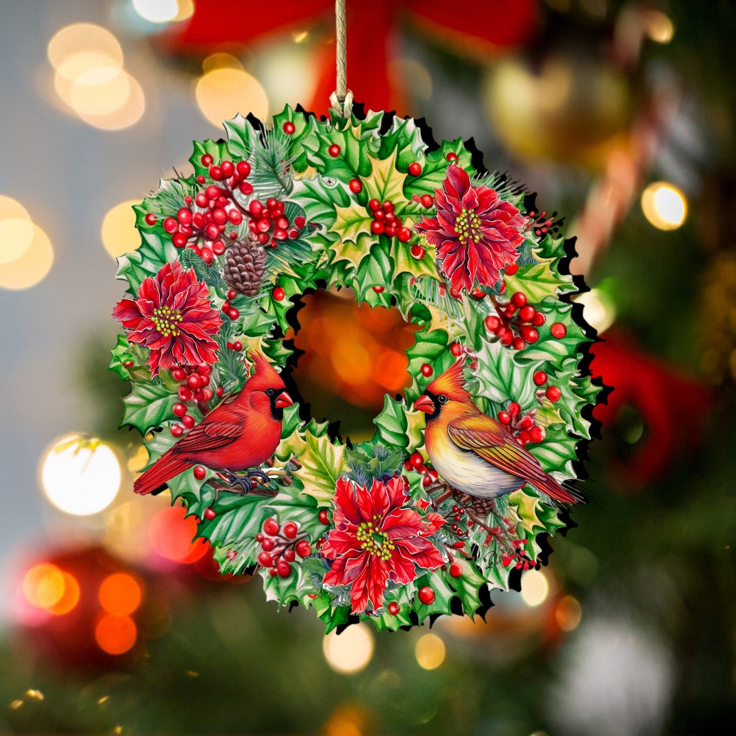 Holiday Cardinal Garland Wreath Wooden Ornaments by G. Debrekht Christmas Decor - 8611070