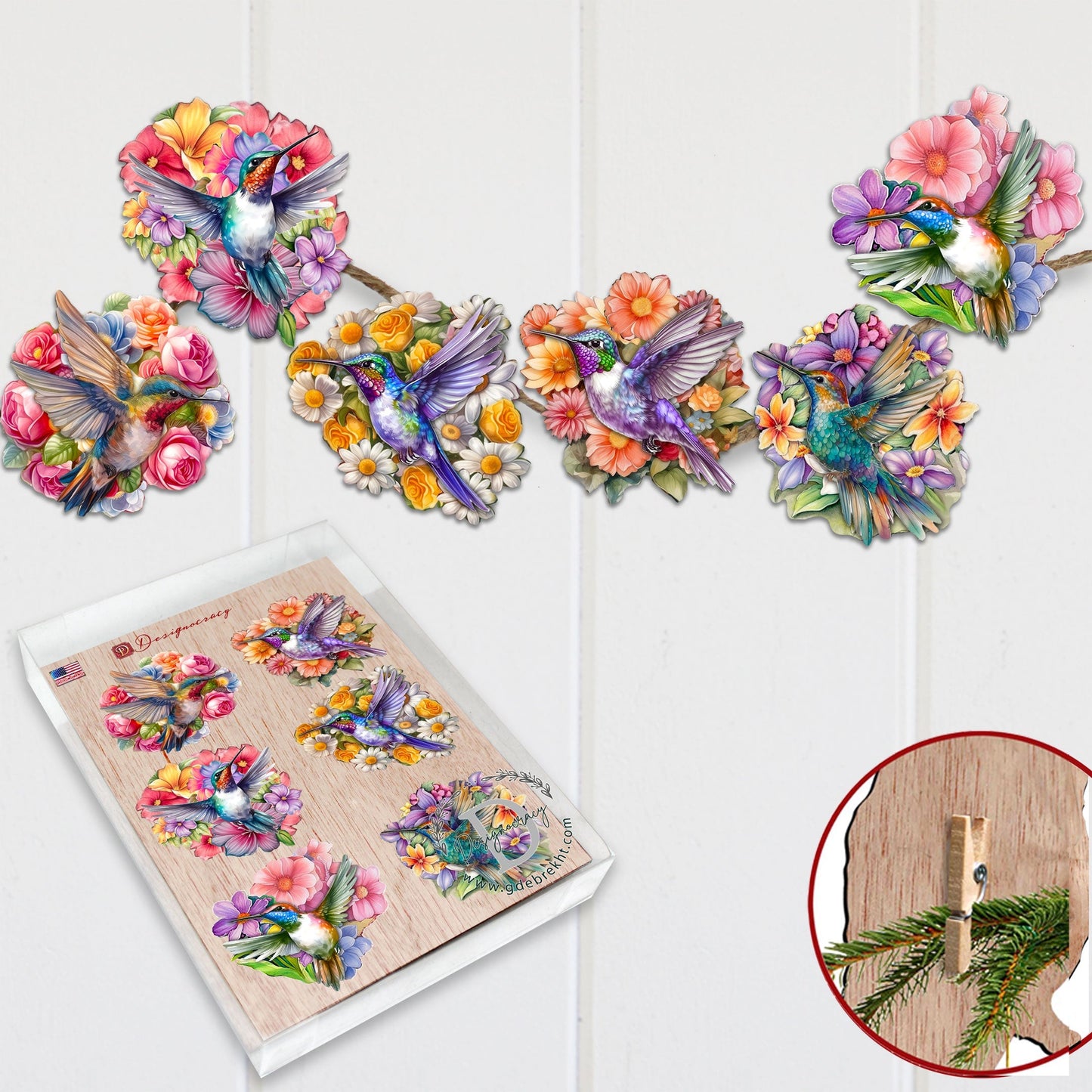 Hummingbirds Decorative Wooden Clip-on Ornaments Set of 6 by G. Debrekht - Easter Spring Decor - 8090140C-S6