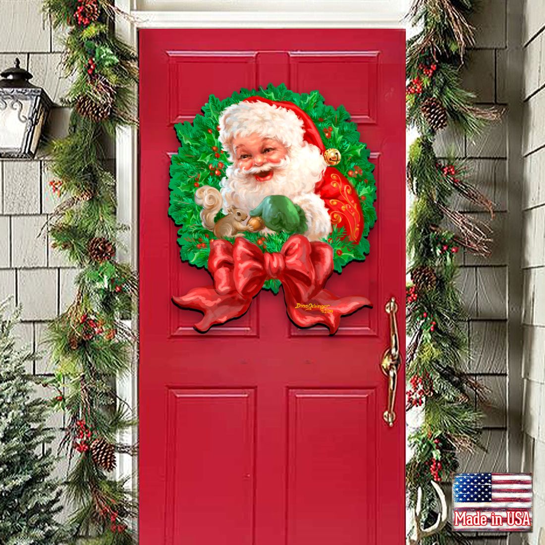 Santa Bow Holiday Door Wreath by D. Gelsinger - Christmas Santa Snowman Decor - 8461014H-1309