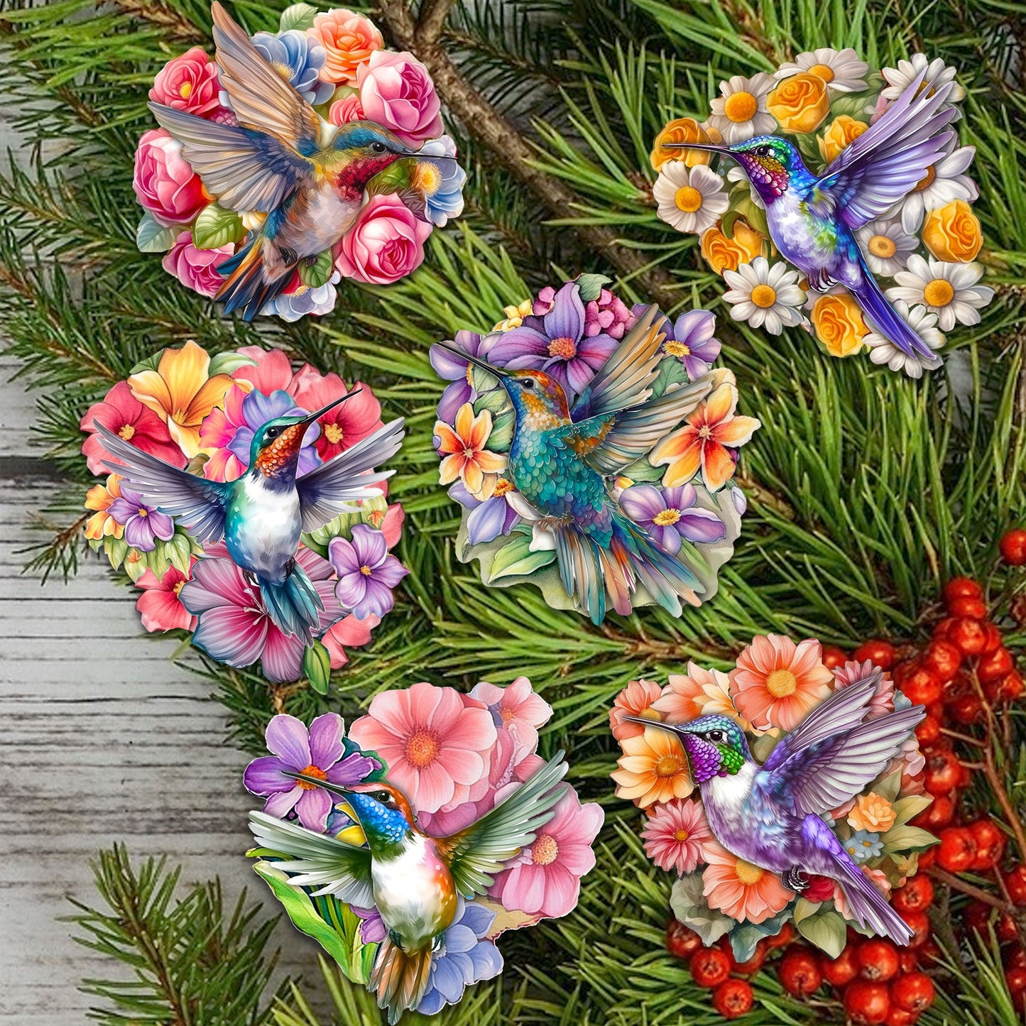 Hummingbirds Decorative Wooden Clip-on Ornaments Set of 6 by G. Debrekht - Easter Spring Decor - 8090140C-S6