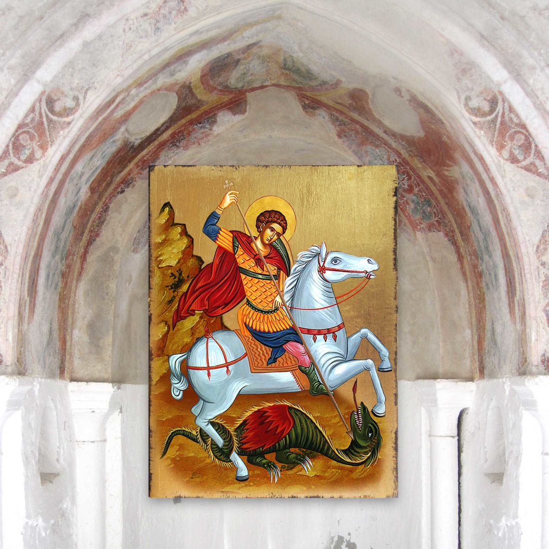 Saint George Wooden Gold Plated Religious Orthodox Sacred Icon - Inspirational Icon Decor - 85013