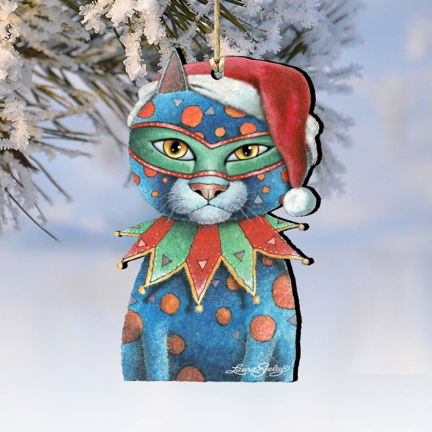 Mardi Gras Santa Cat Wooden Ornaments by Laura Seeley - Pets Dog and Cats Decor - 8512057-LS