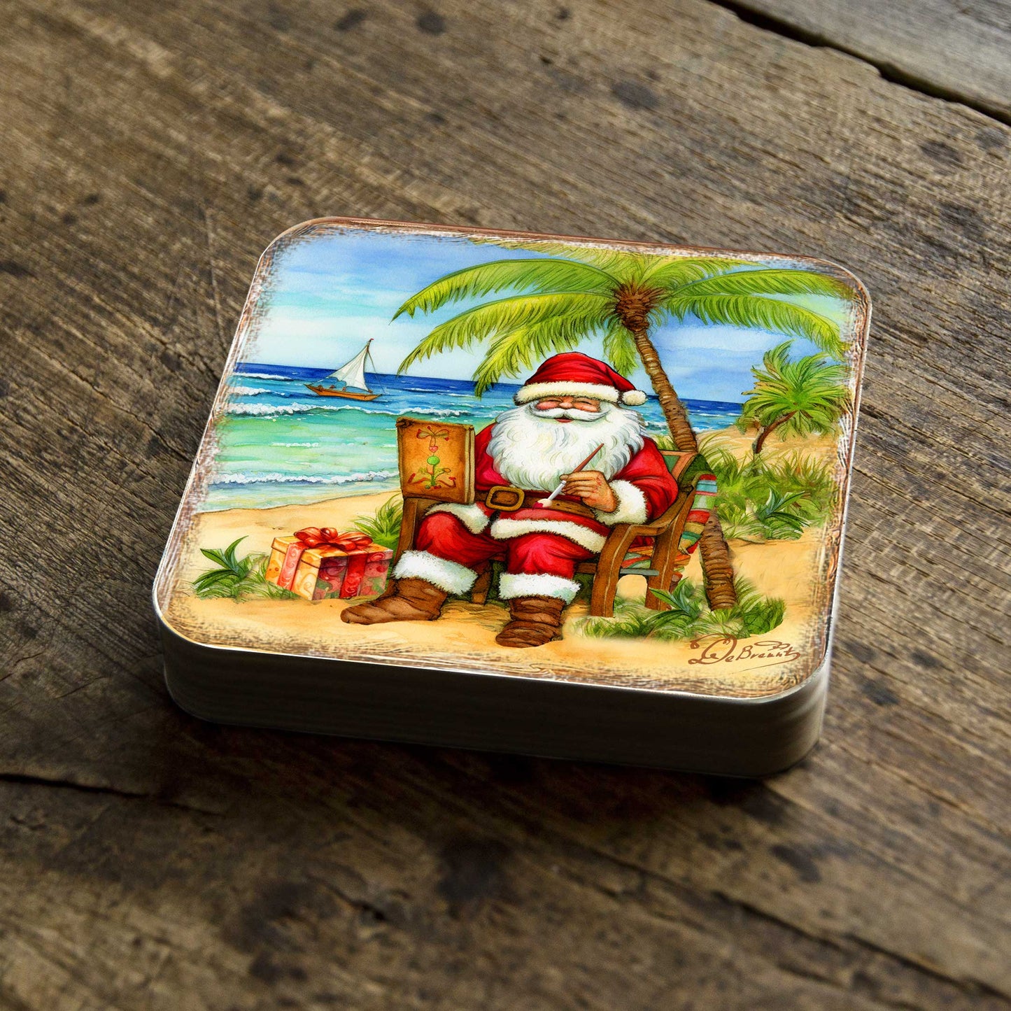 Santa on the Beach Wooden Cork Coasters Gift Set of 4 by G. Debrekht - Santa Christmas Decor  - 8199441C-S4
