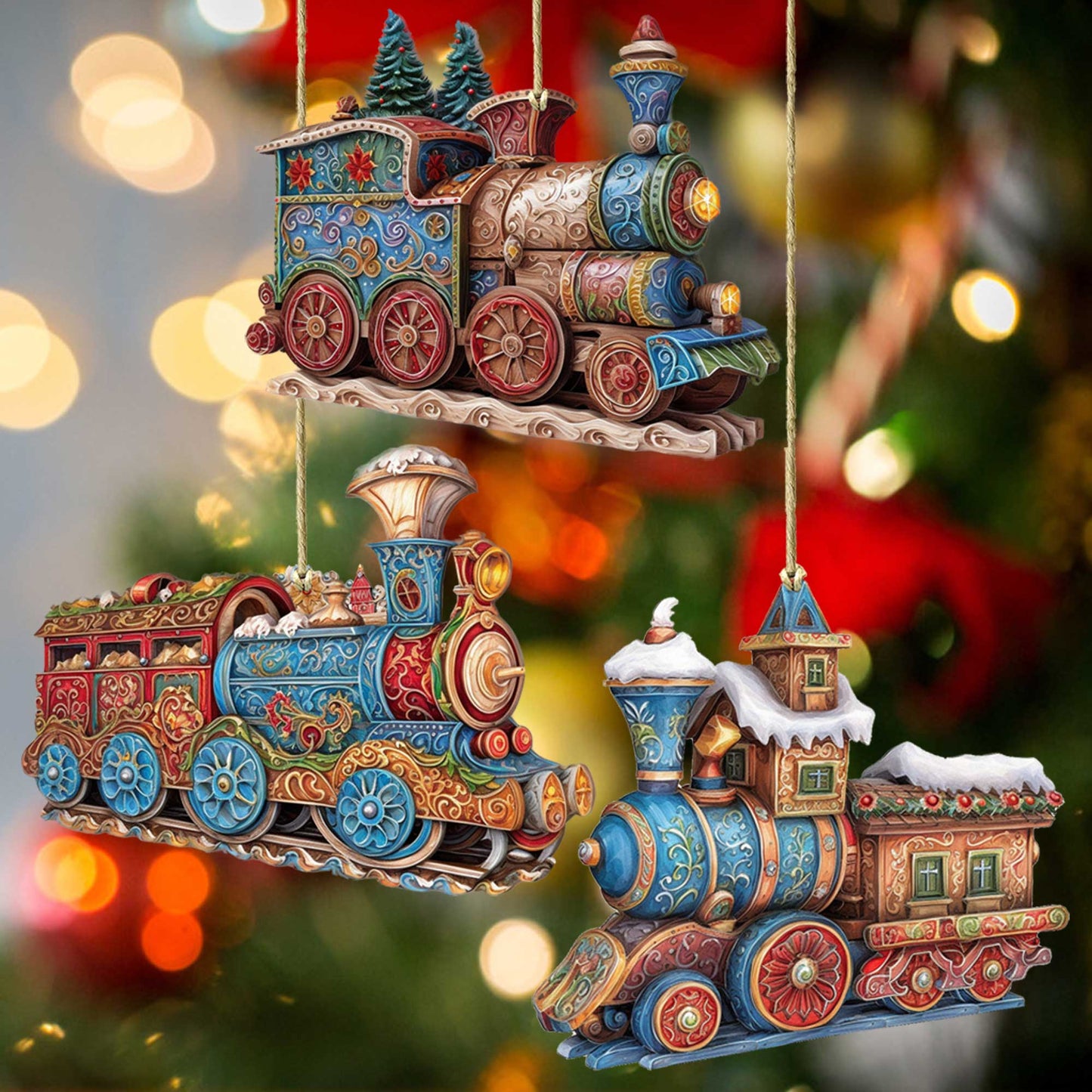 Christmas Train Wooden Ornaments Set of 3 by G. Debrekht - Christmas Decor - 8100198S3