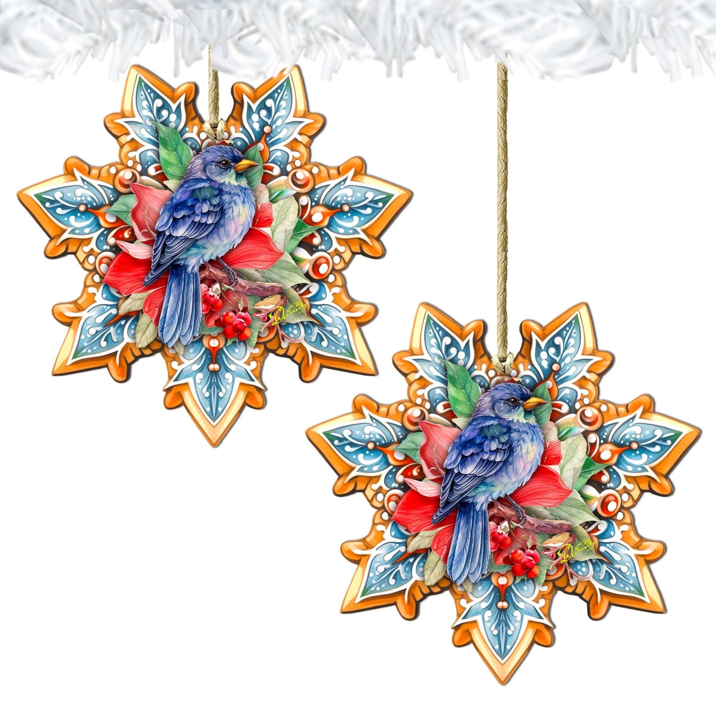 Blue Bird Snowflake Wooden Ornaments by G. Debrekht - Nature Wildlife Decor - 8688410