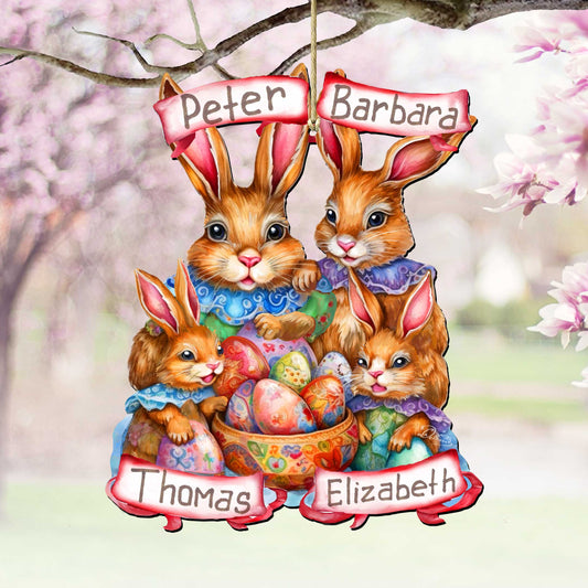 Personalized Family Easter Ornaments, Easter Basket Tag - 4 Family Member Names Bunny with Eggs Wooden Ornaments by G. Debrekht Easter Spring Decor - 8652787P