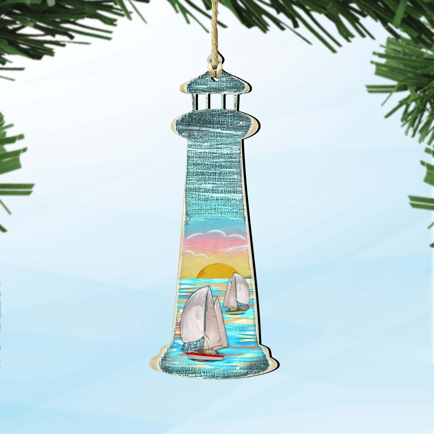 Lighthouse Palm Tree Wooden Ornaments by G. DeBrekht - Coastal Holiday Decor - 8198526