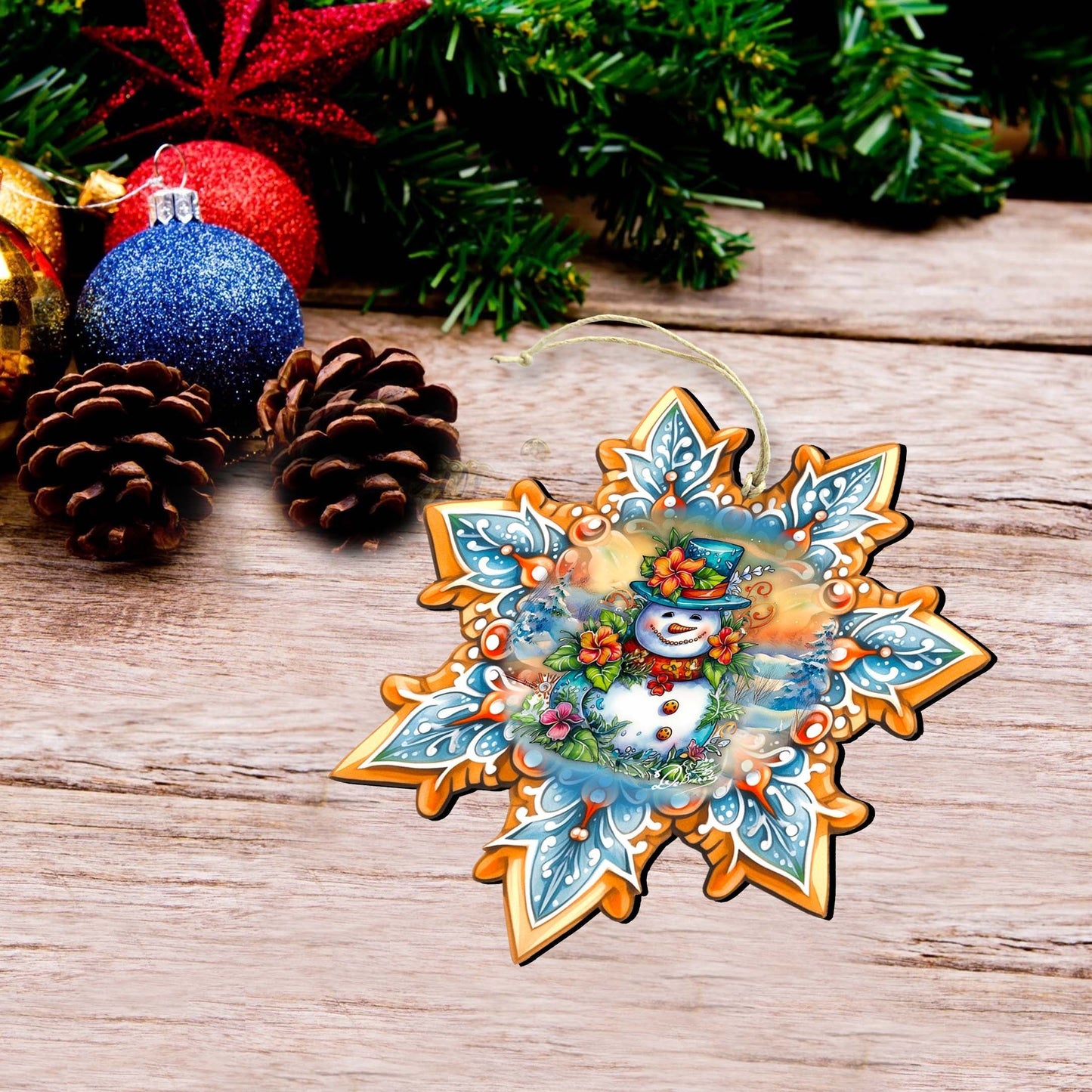 Happy Snowman Snowflake Wooden Ornaments Set of 3 by G. Debrekht - Christmas Decor - 8090149-S3