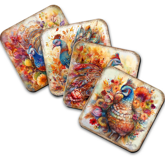 Turkey Wooden Cork Coasters Gift Set of 4 by G. Debrekht - Thanksgiving Decor  - 8199437C-S4
