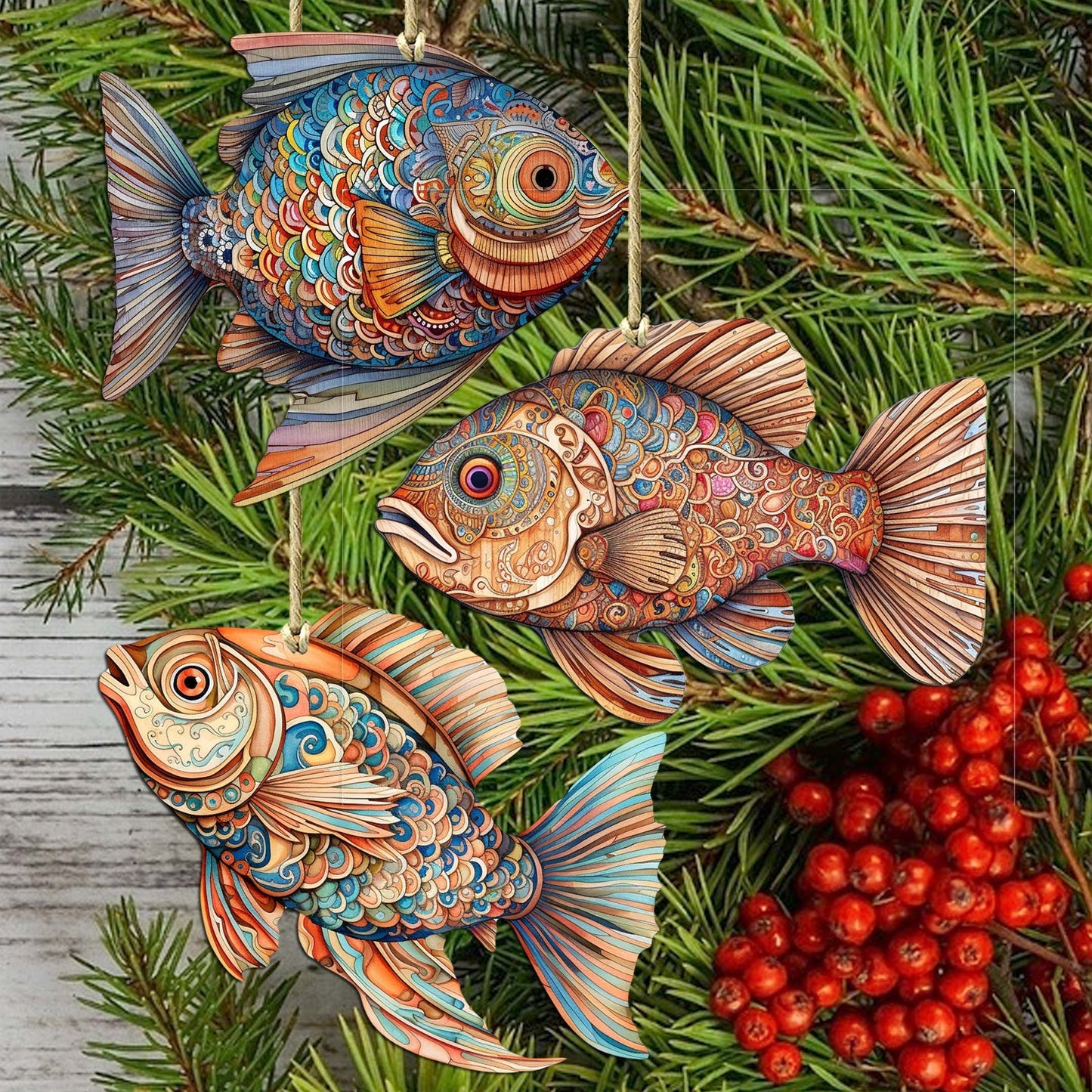 Coastal Fish Decorative Wooden Ornaments Set of 3 by G. Debrekht - Coastal Decor - 8091034-S3