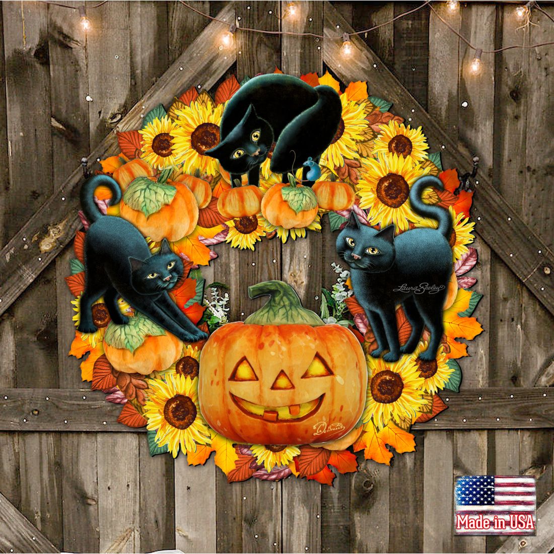 Halloween Cats Holiday Door Wreath by Laura Seeley - Thanksgiving Halloween Decor - 8185305-4H-SL