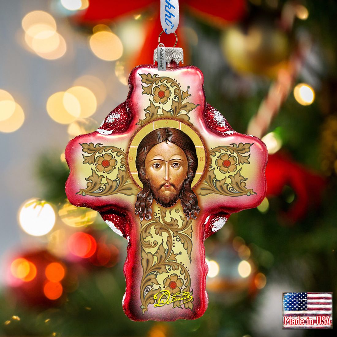 Jesus Face Cross Glass Ornament by G. DeBrekht - Nativity Holiday Decor - 758-006