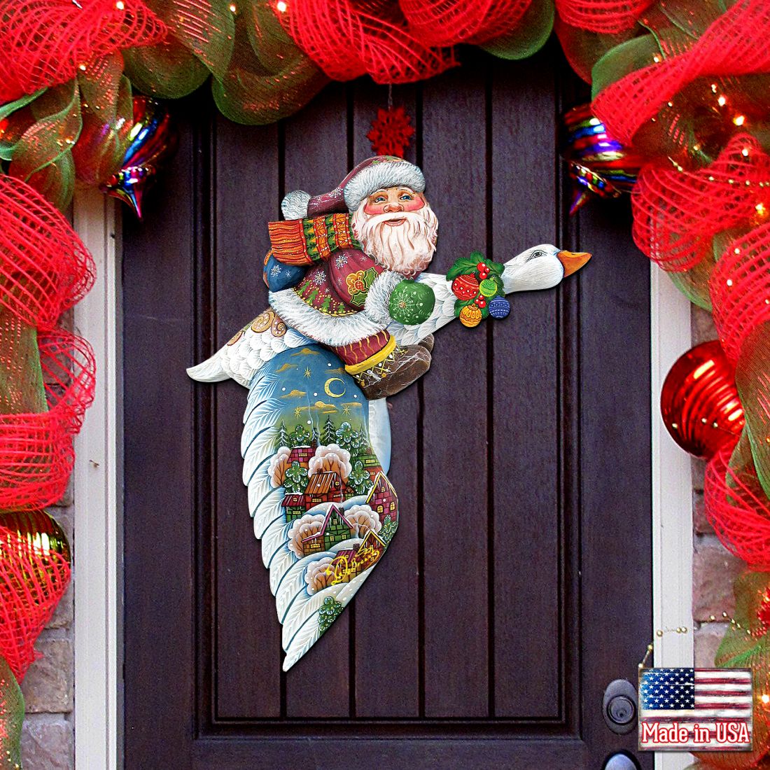 Goose Traveling Santa Christmas Door Decor by G. DeBrekht - Christmas Santa Snowman Decor - 8114060H