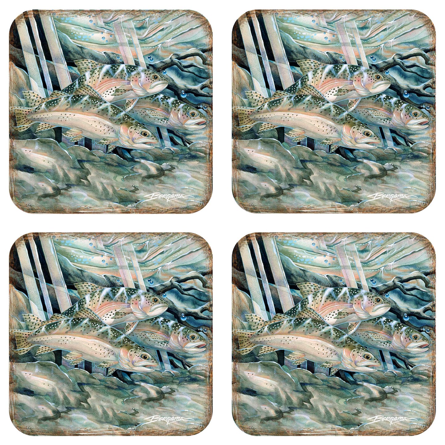Catch the Rainbow Trout Wooden Cork Coasters Gift Set of 4 by J. Bergsma - Coastal Wildlife Decor  - 8199463C-S4
