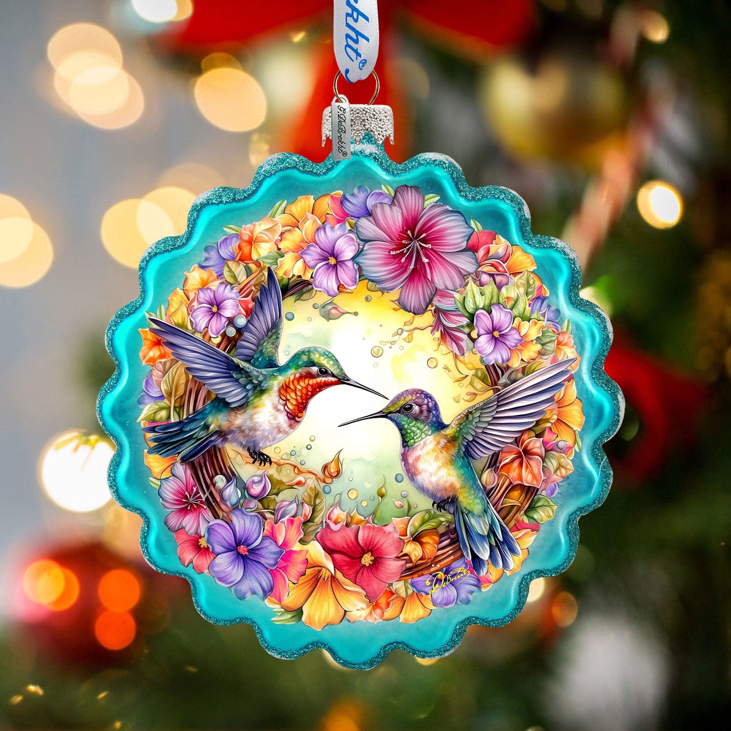 Hummingbirds Wreath Glass Ornament by G. Debrekht - Wildlife Holiday Decor - 759-061