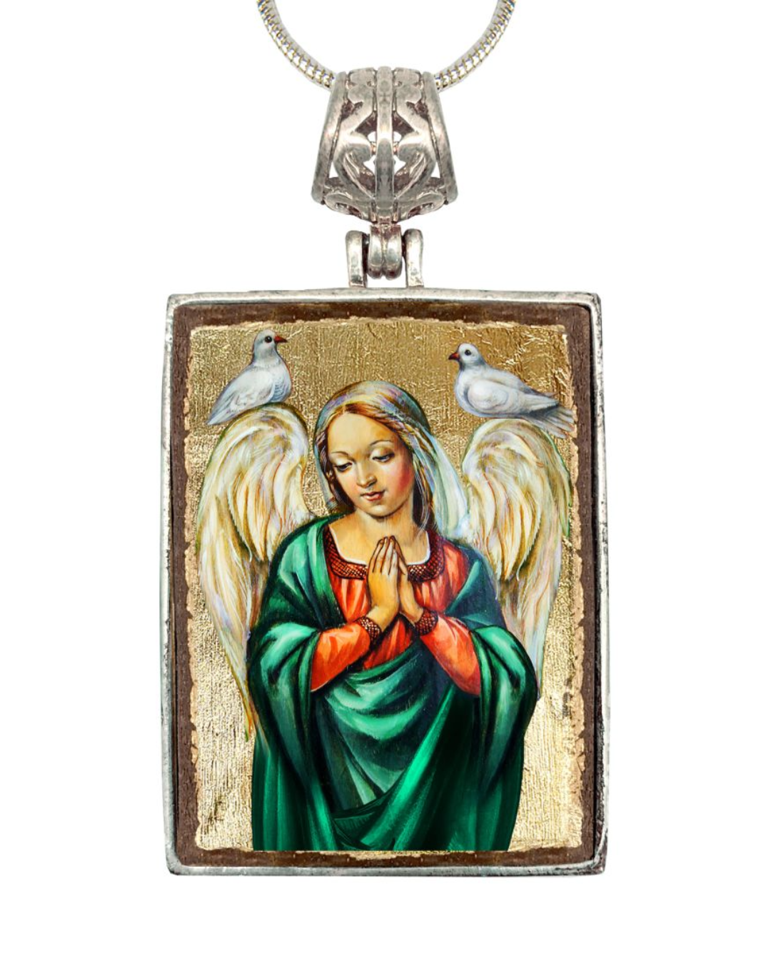 Angel with Dove Religious Jewelry Silver Plated Necklace, Gold-Plated Wooden Cabochon - Christian Sacred Icon - Inspirational Icon Decor - 43026R