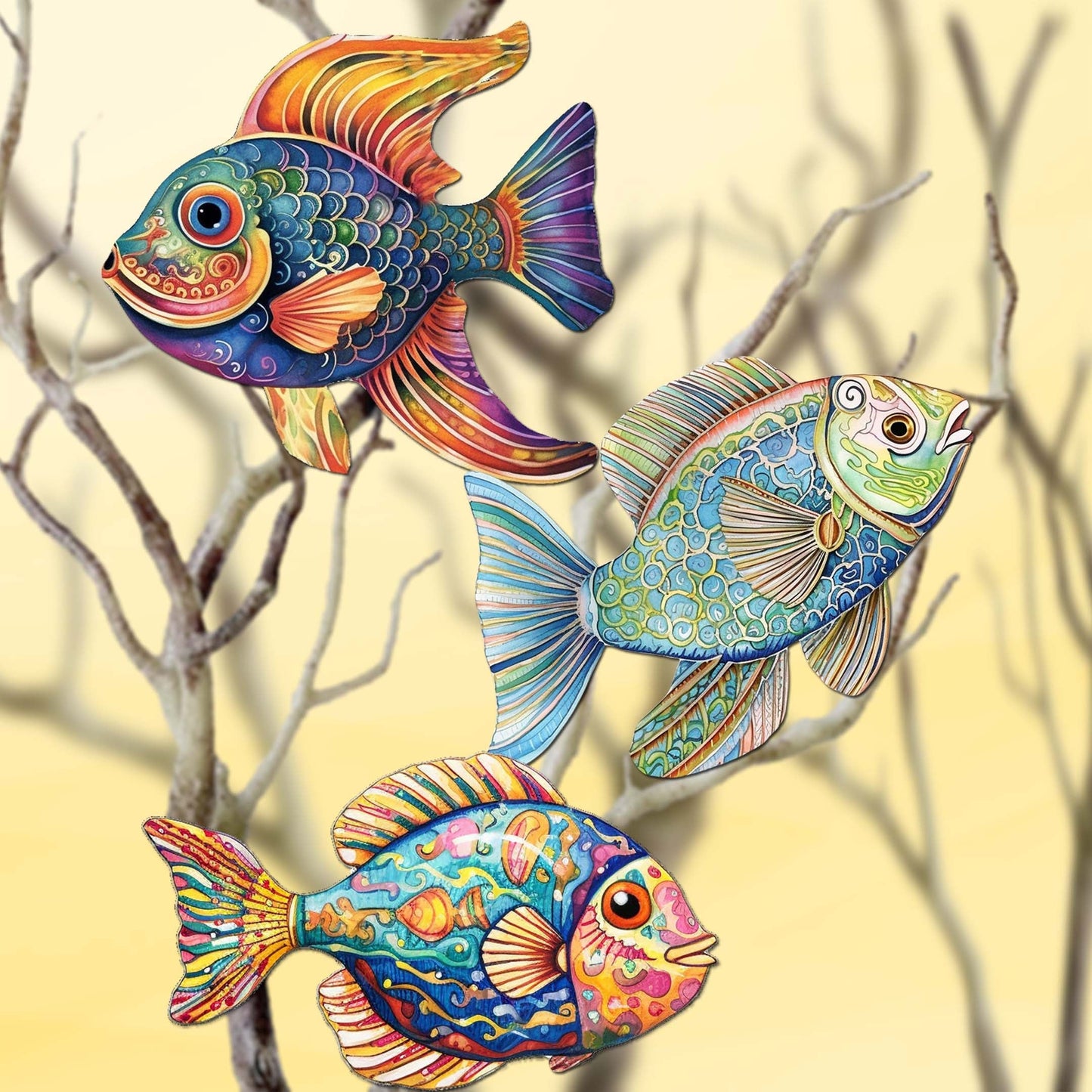 Coastal Fish Decorative Wooden Clip-on Ornaments Set of 3 by G. Debrekht - Coastal Decor - 8091034C-S3