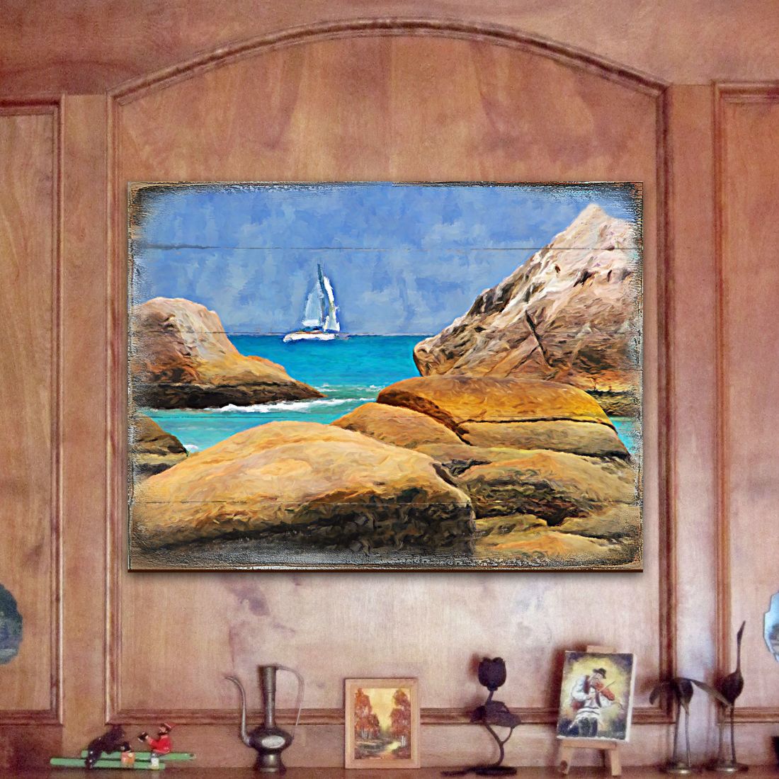 Sailboat on The Rocky Shore Wooden Coastal Wall Art by Nature Wonders - Coastal Sea-Life Decor - 95274B