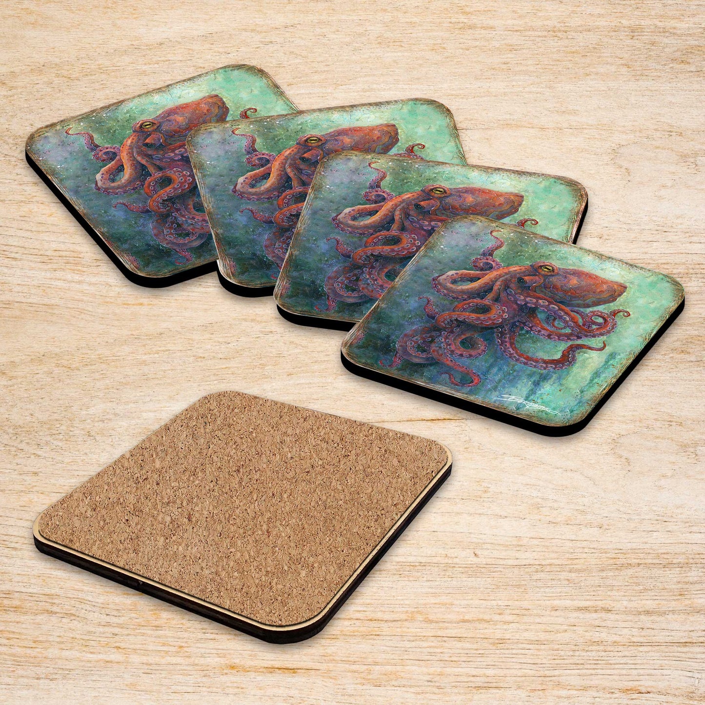 Octopus Wooden Cork Coasters Gift Set of 4 by J. Bergsma - Coastal Decor  - 8199459C-S4