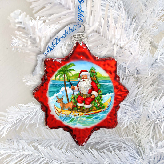 Beach House Decor - Santa on the Surfboard Keepsake Glass Ornaments by G. Debrekht - Christmas Decor - 777418