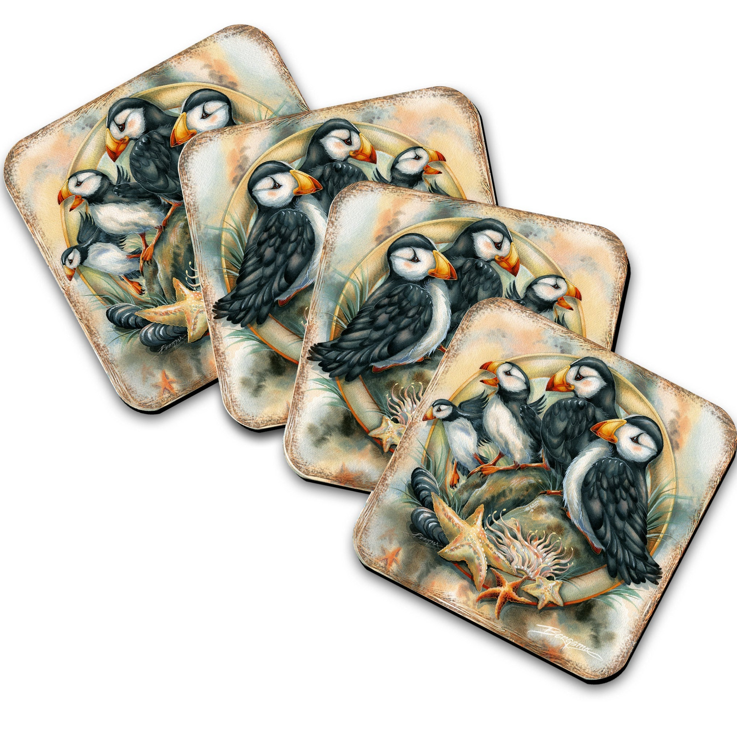 Puffins Wooden Cork Coasters Gift Set of 4 by J. Bergsma - Coastal Wildlife Decor  - 8199462C-S4
