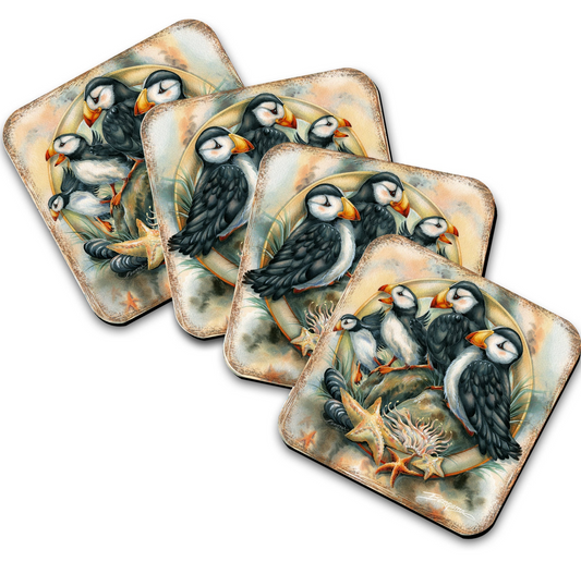 Puffins Wooden Cork Coasters Gift Set of 4 by J. Bergsma - Coastal Wildlife Decor  - 8199462C-S4
