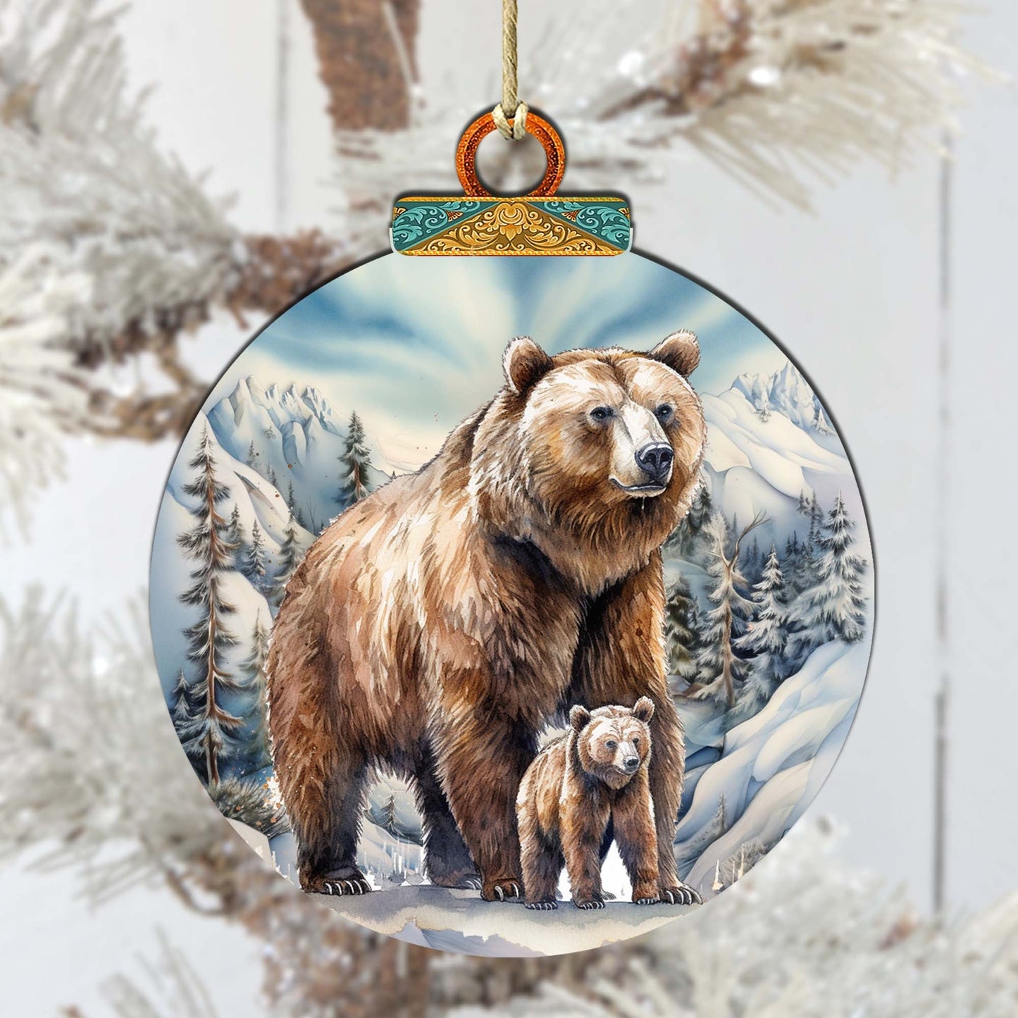 Grizzly Bear with Cub Wooden Ornaments by G.Debrekht - Wildlife Holiday Decor - 870070