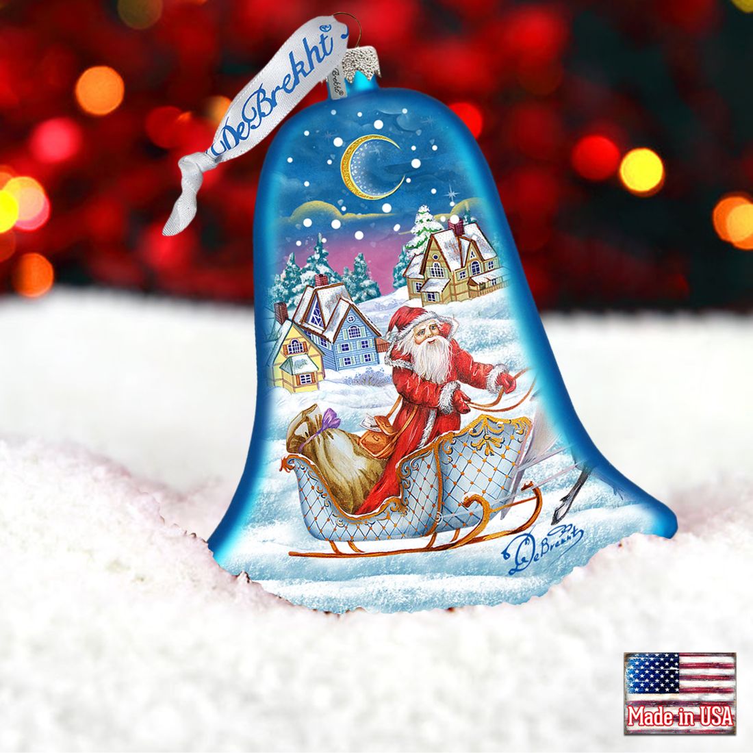 Santa Sleigh Bell Glass Ornament by G. DeBrekht - Christmas Santa Snowman Decor - 73341