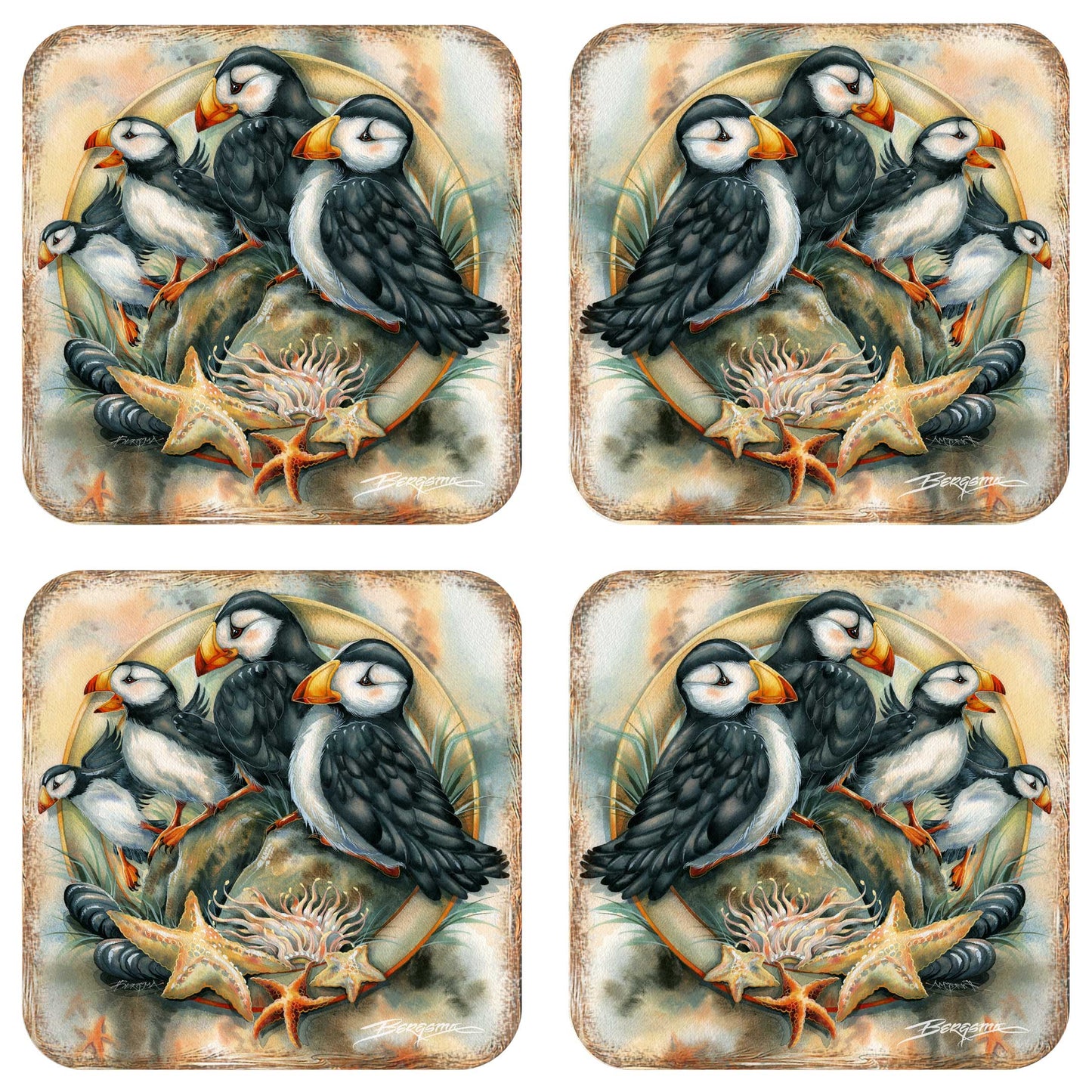 Puffins Wooden Cork Coasters Gift Set of 4 by J. Bergsma - Coastal Wildlife Decor  - 8199462C-S4