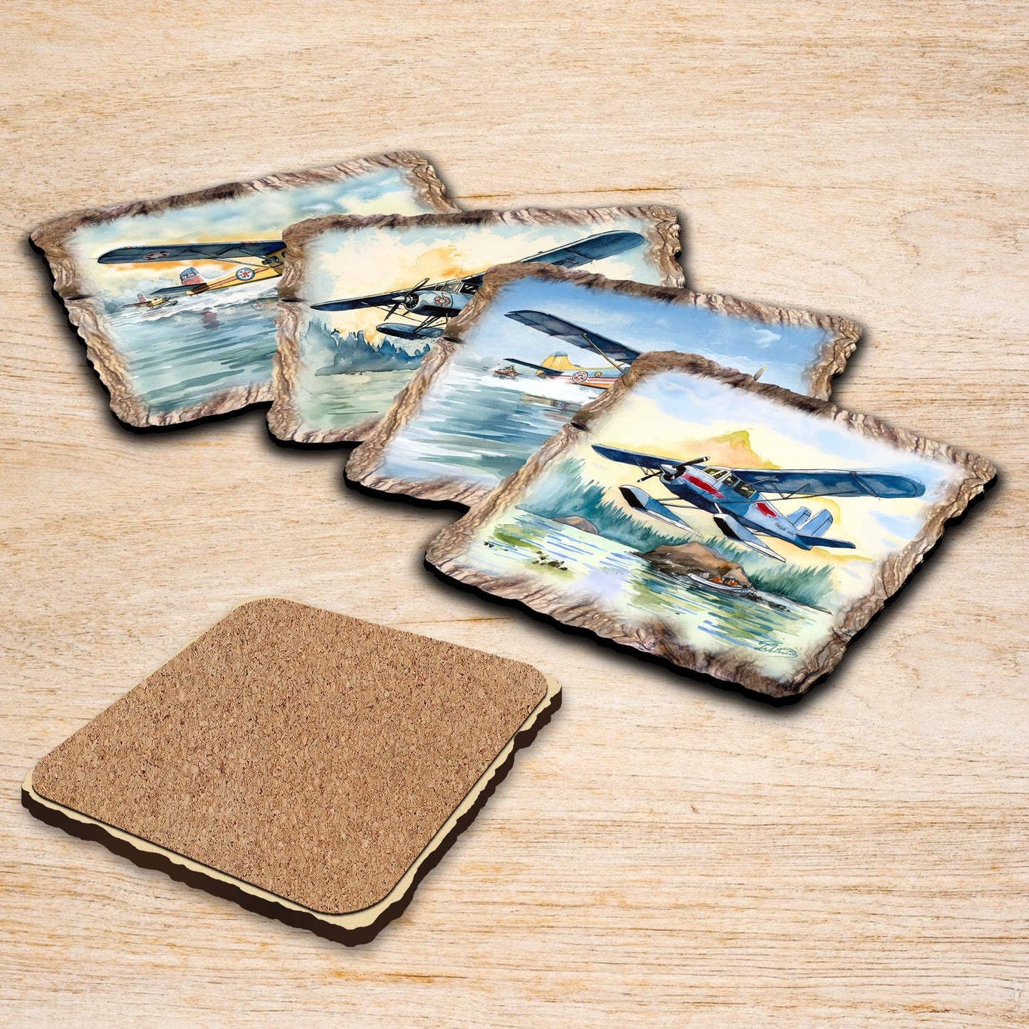 Airplanes Wooden Cork Coasters Gift Set of 4 by Nature Wonders Nature Wildlife Decor  - 95403C-S4