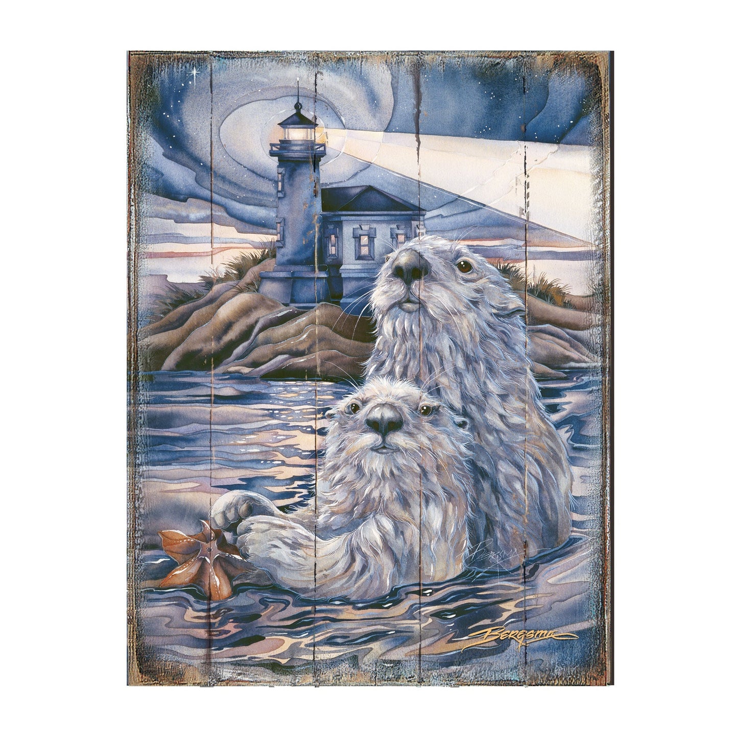 Starlight Otter Lighthouse Wooden Wall Art by J. Bergsma - Nature Wildlife Decor  - 8592572BP-JB